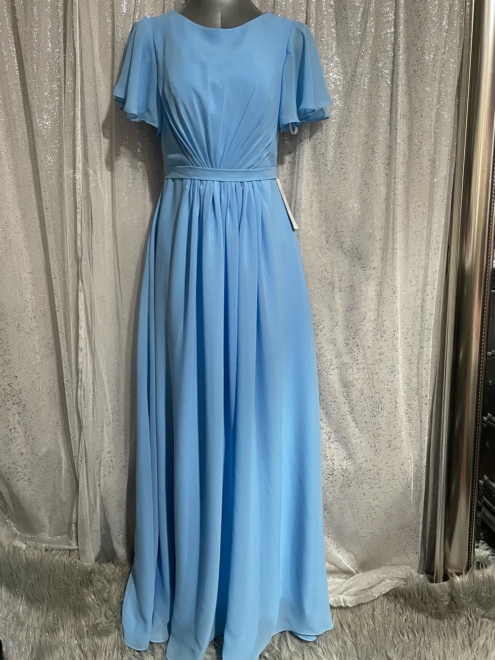 Elegant Sky Blue Prom Dress with Flutter Sleeves